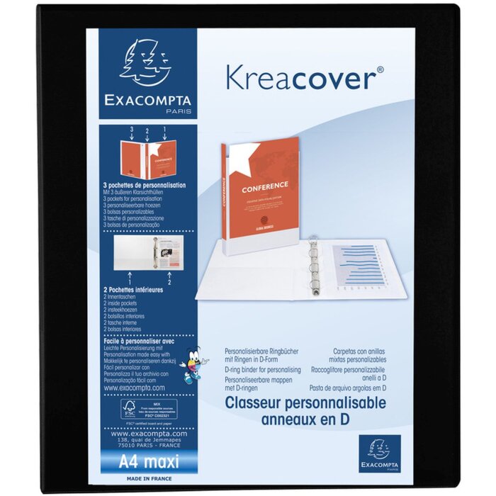 Classeur à anneaux en PP solide 2,3mm avec 4 anneaux 30mm en forme de D 49mm dos, 3 pochettes extérieures et 2 pochettes intérieures, Krea Cover, DIN A4 extra large noir