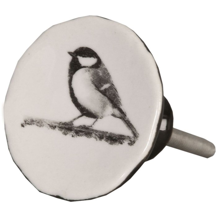 Clayre & Eef 62343 Bouton de porte Ø 4 cm Blanc Noir Céramique Oiseaux Rond
