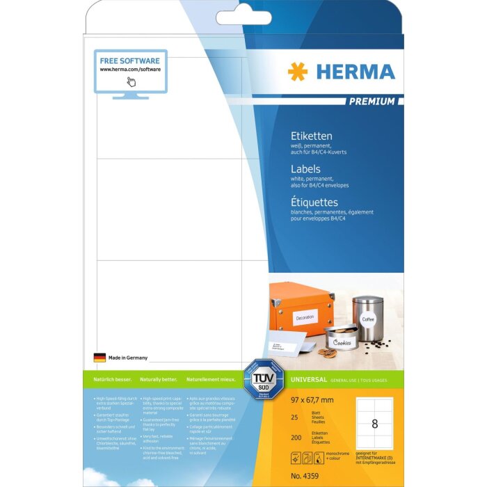 Étiquettes Premium A4, blanches 96,5x67,7 mm papier mat 200 pcs.