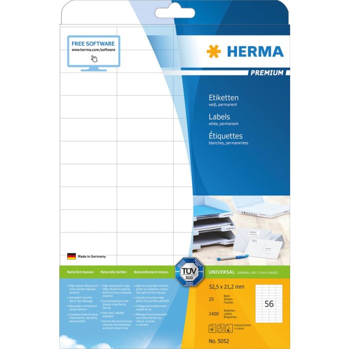 Étiquettes Premium A4, blanches 52,5x21,2 mm papier mat 1400 pcs.