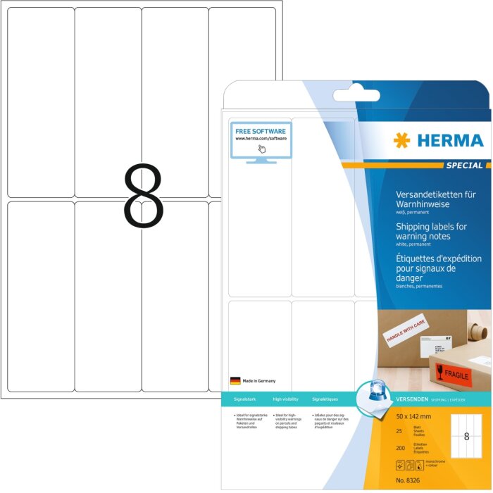 Étiquette dexpédition-avertissement A4 blanche 50x142 mm papier mat 200 pcs.