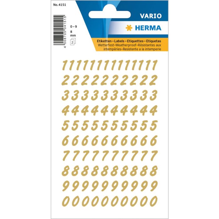 Autocollants chiffres HERMA 0-9 feuille dorée, 2 feuilles