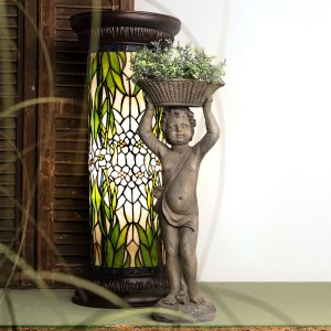 LumiLamp 5LL-5539 Colonne Tiffany Ø 31x78 cm Vert Blanc Verre Rond Fleurs