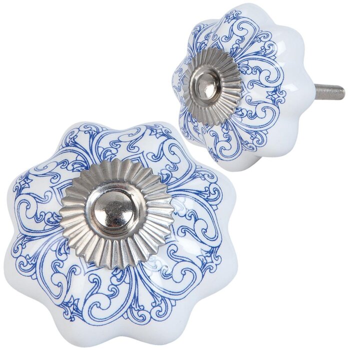 Clayre & Eef 63417 Bouton de porte Ø 4 cm Bleu Blanc Céramique