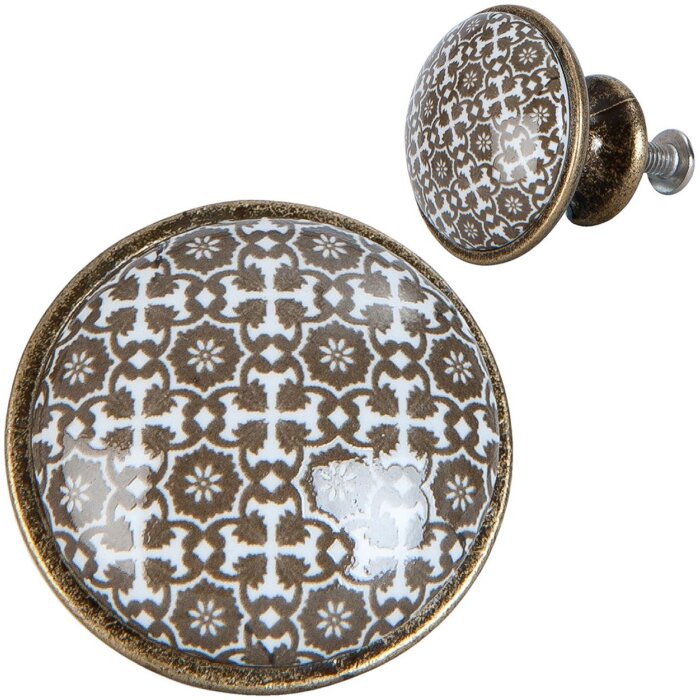 Clayre & Eef 63423 Bouton de porte Ø 2 cm Marron Blanc Céramique Fleurs Rondes