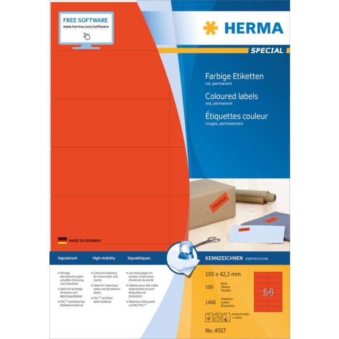 Herma SPECIAL Étiquettes de couleur A4, 105 x 42,3 mm, rouges, adhésives permanentes