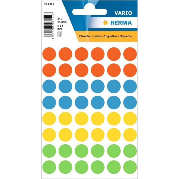 Étiquettes multi-usages couleurs assorties Ø 12 mm rond papier mat 240 pcs.