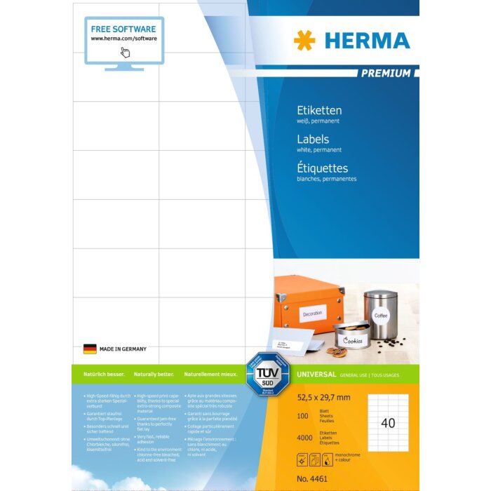 Étiquettes HERMA Premium A4, blanches 52,5x29,7 mm papier mat 4000 pcs.
