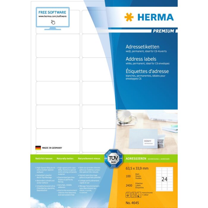 Étiquettes dadresse Premium A4, blanches 63,5x33,9 mm papier mat 2400 pcs.