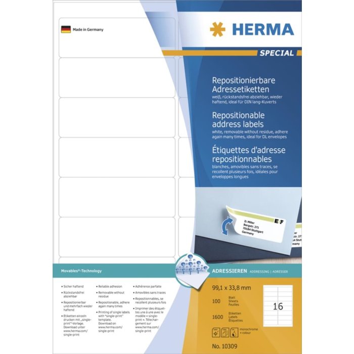 Étiquettes dadresse A4 blanches 99,1x33,8 mm repositionnables papier mat 1600 pcs.