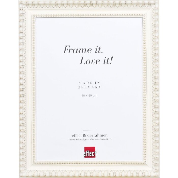 Cadre photo en bois baroque 50x65 cm blanc avec verre acrylique muséal