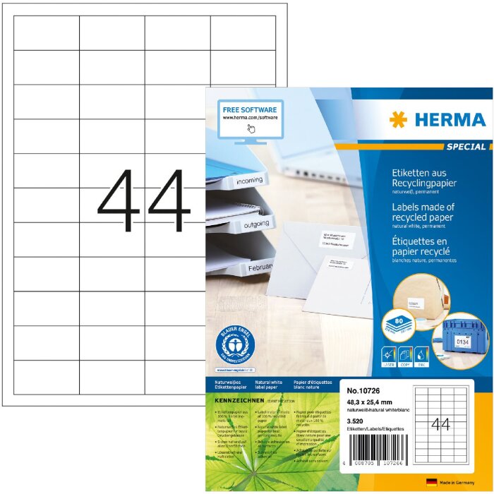 HERMA 10726 Étiquettes de recyclage A4 48.3x25.4 mm blanches adhésives permanentes