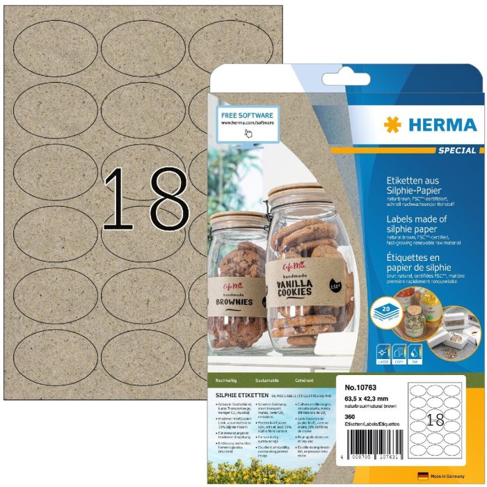 HERMA 10763 Étiquettes papier silphie A4 ovale 63,5x42,3mm brun naturel permanent