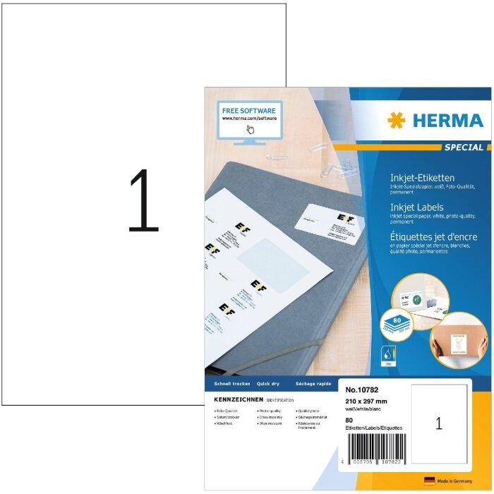 HERMA 10782 Étiquettes jet dencre A4 210x297 mm blanc adhésif permanent