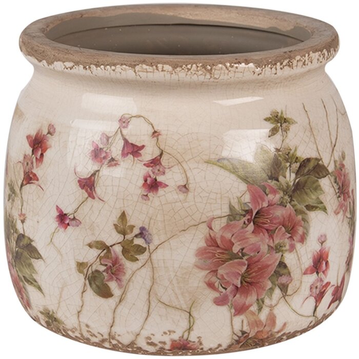 Clayre & Eef 6CE1628S Pot de fleurs en céramique Beige Rose Ø 12x10 cm Maison de campagne