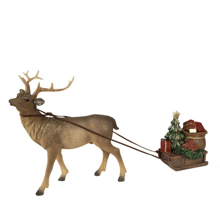 Clayre & Eef 6PR3909 Décoration Renne avec traîneau Marron, Rouge 30x9x20 cm