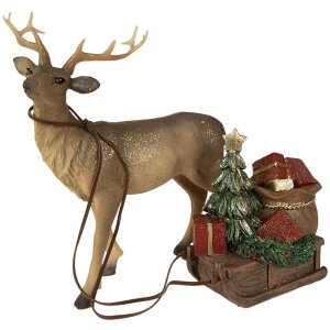 Clayre & Eef 6PR3909 Décoration Renne avec traîneau Marron, Rouge 30x9x20 cm