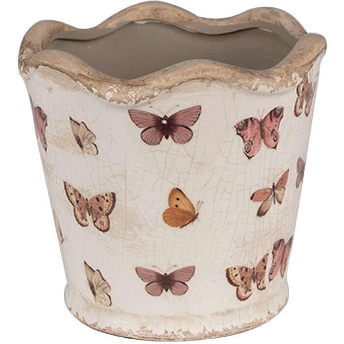 Clayre & Eef 6CE1664S Pot de fleurs Ø13x12 cm Beige Rose Céramique Papillon