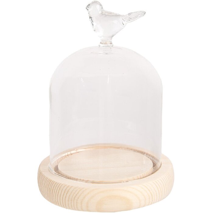 Clayre & Eef 6GL4472 Cloche en verre Ø10x14cm Oiseau sur socle en bois