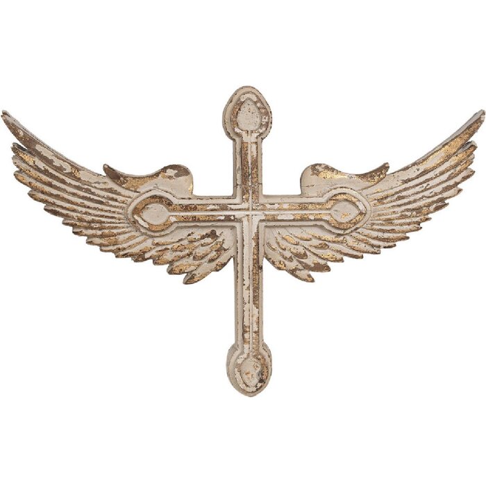 Clayre & Eef 6H2384 Décoration murale 48x3x31 cm Croix vintage en forme daile blanc or