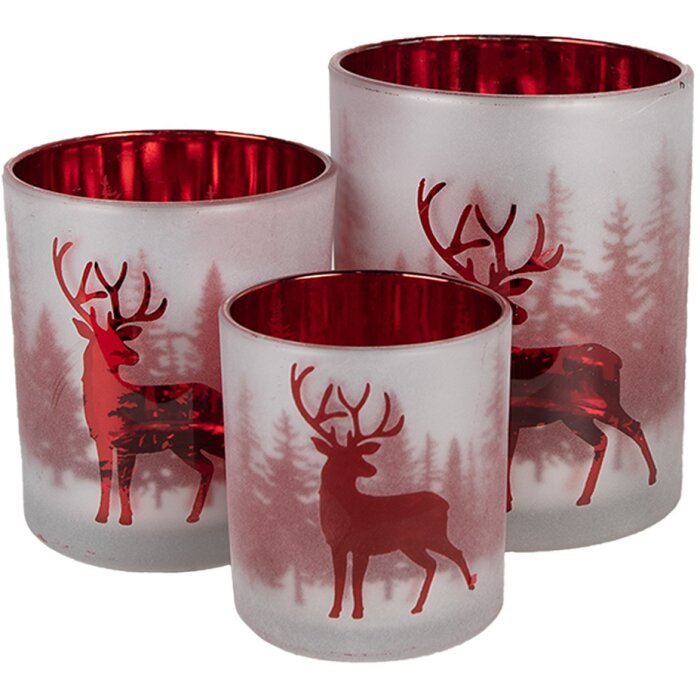 Clayre & Eef 6GL4665 Set de 3 photophores blanc rouge Ø7x8 Ø9x10 Ø10x12 cm
