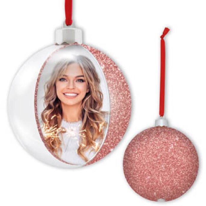 ZEP Boule de Noël avec photo 10x10 cm rose à suspendre