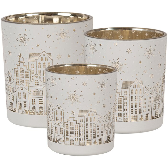 Clayre & Eef 6GL4657 Set de 3 bougies à chauffe-plat blanc or flocons de neige
