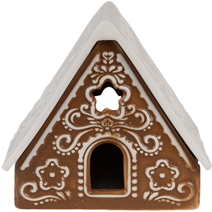 Clayre & Eef 6CE1744 Porte-bougie à chauffe-plat Maison Porcelaine Marron Blanc 8x8x8 cm