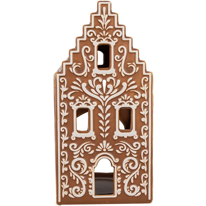 Clayre & Eef 6CE1745 Photophore Petite maison marron blanc 7x7x15 cm