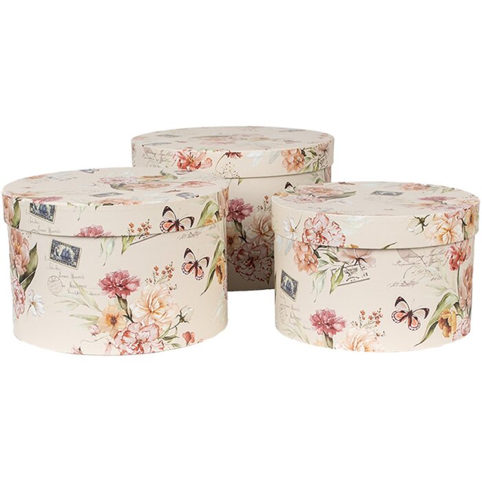 Clayre & Eef 66005 Set de boîtes à chapeau 3 pièces motif floral beige Ø24/22/21 cm