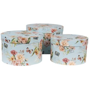Clayre & Eef 66006 Boîte à chapeau Set 3 pièces Bleu Design floral Ø 24/22/21 cm