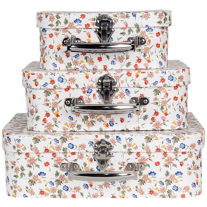 Clayre & Eef 66012 Set de 3 valises décoratives Blanc Floral 30x22x9 à 20x17x8 cm