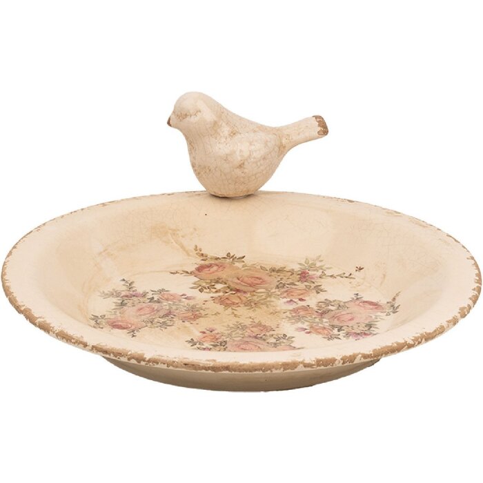 Clayre & Eef 6CE1949L Mangeoire pour oiseaux Ø 26x10 cm Céramique Roses Vintage