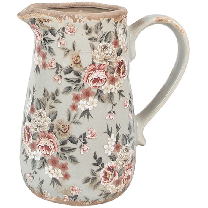 Clayre & Eef 6CE1965M Pichet en céramique Gris Rose Fleurs 16x12x18 cm style rustique