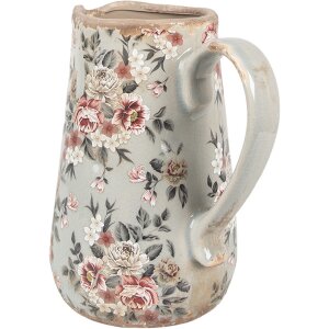 Clayre & Eef 6CE1965M Pichet en céramique Gris Rose Fleurs 16x12x18 cm style rustique