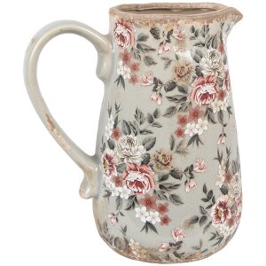 Clayre & Eef 6CE1965M Pichet en céramique Gris Rose Fleurs 16x12x18 cm style rustique