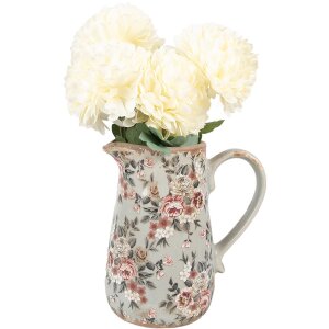 Clayre & Eef 6CE1965M Pichet en céramique Gris Rose Fleurs 16x12x18 cm style rustique
