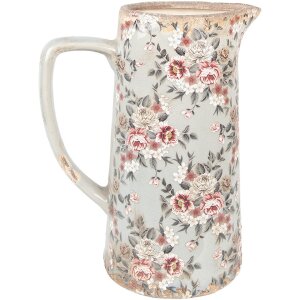 Clayre & Eef 6CE1971L Pichet déco Céramique Gris Rose Fleurs 21x14x26 cm