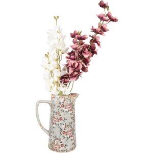 Clayre & Eef 6CE1971L Pichet déco Céramique Gris Rose Fleurs 21x14x26 cm
