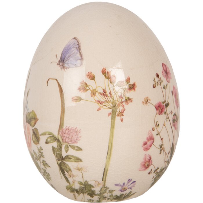 Clayre & Eef 6CE1918M Œuf décoratif en céramique beige rose fleurs Ø 10x12 cm