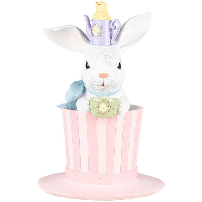 Clayre & Eef Figurine décorative Lapin sur chapeau blanc rose Ø 18x26 cm style rustique