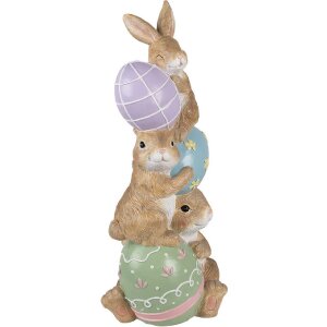 Clayre & Eef Figurine décorative Lapin avec oeufs de Pâques 72 cm Marron Rose Bleu Vert