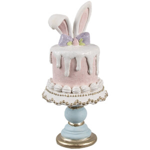 Clayre & Eef Déco Lapin sur support à gâteau Rose Blanc Ø 9x20 cm