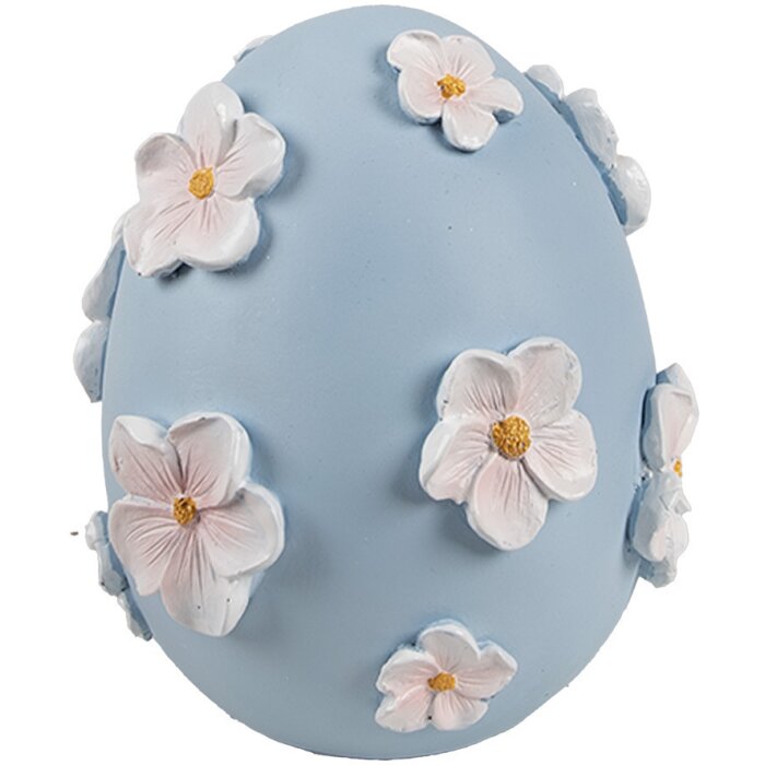 Clayre & Eef Œuf décoratif Ø 11x13 cm bleu avec fleurs blanches style campagnard