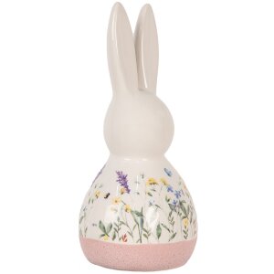 Clayre & Eef Lapin décoratif style campagne Figurine en céramique blanche rose 9x8x18 cm
