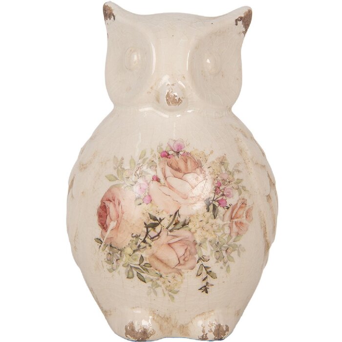 Clayre & Eef Chouette décorative 11x10x17 cm style campagnard céramique beige rose
