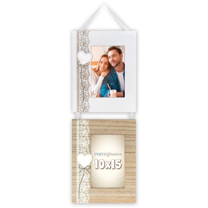 ZEP Galerie de photos Dafne Cadre photo en bois 2x 10x15 cm cœur vintage blanc naturel