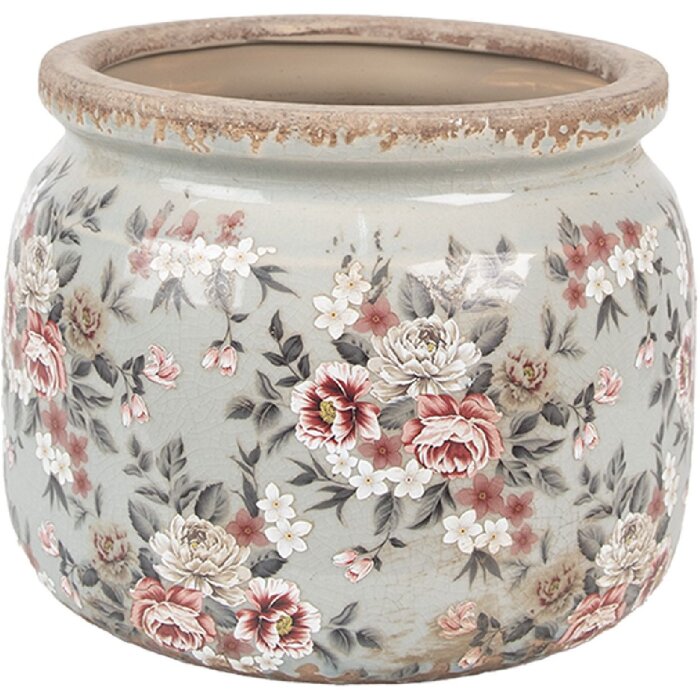 Clayre & Eef 6CE1964L Pot de fleurs gris avec fleurs roses Ø 20x15 cm