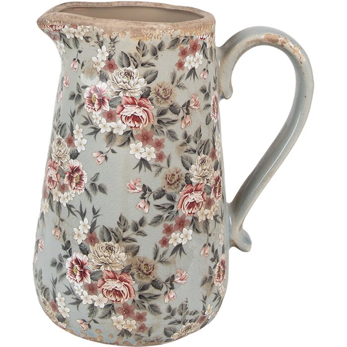 Clayre & Eef Pot de décoration Céramique Gris Rose Fleurs 21x15x23 cm style rustique