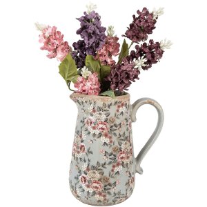 Clayre & Eef Pot de décoration Céramique Gris Rose Fleurs 21x15x23 cm style rustique